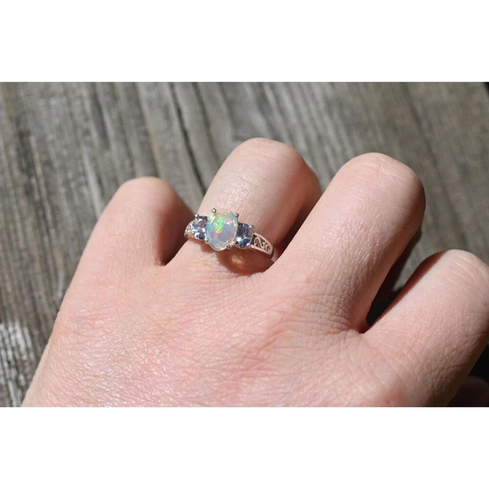 Ethiopian Opal and Tanzanite Ring Sterling Silver Oval Opal , October Birthstone